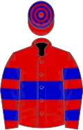 Rouge, ceinture et brassards bleus roy, toque cerclée rouge et bleu roy