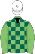 Light and dark green check, light green sleeves, white cap