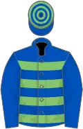 Royal blue, light green hoops, royal blue sleeves