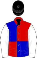 Évcartelé rouge et bleu, manches blanches, toque noire