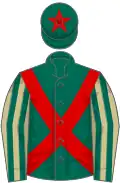 Dark green, red cross sashes, dark green and beige striped sleeves, dark green cap, red star