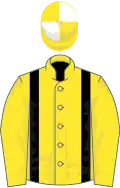 Jaune bretelles noires, toque écartelée jaune et blanc