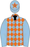 Light blue and orange diamonds, light blue sleeves, light blue cap, orange star
