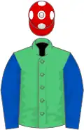 Emerald green, royal blue sleeves, red cap
