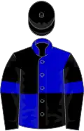 Écartelée noire et bleue, brassards bleus, manches et toque noire