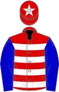 red, white hoops, blue sleeves, red cap, white star
