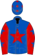 Royal blue, red star, red sleeves, royal blue stars, royal blue cap, red stars