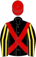 Black, red cross belts, black and yellow striped sleeves, red cap