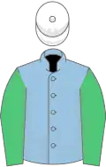 Light blue, emerald green sleeves, white cap