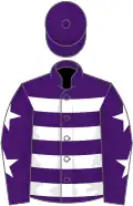 Purple, white hoops, purple sleeves, white stars