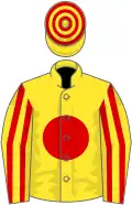 Yellow, red disc, striped sleeves, hooped cap U