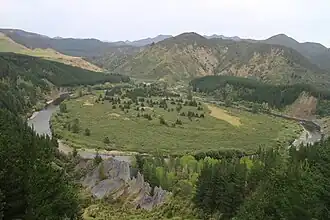 La rivière Mohaka s’écoule dans un  bras mort. Les formations rocheuses appelées “ the Organs” sont visibles dans le fond de la photo.