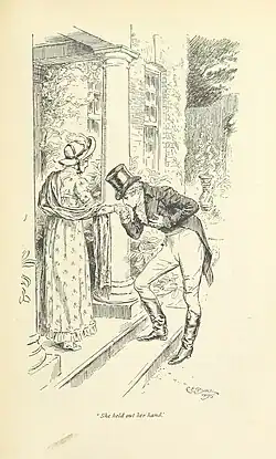 Gravure : sur le seuil un jeune homme baise la main d'une jeune fille