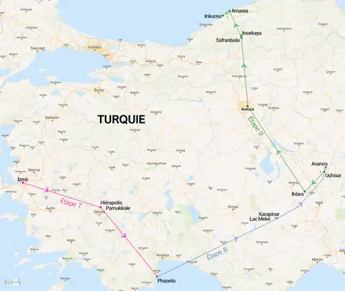 Carte en couleurs représentant le parcours en Turquie.