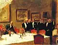 Membre du Fészek Art Club&nbsp;(hu) par Tibor Pólya&nbsp;(hu) avec, de gauche à droite, István Csók, Oszkár Glatz, Adolf Fényes, Elek Falus, István Zádor, Zsigmond Kisfaludi Stróbl, Tibor Pólya, Béla Iványi-Grünwald