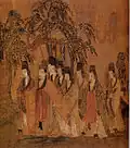 La nymphe de la rivière Luo. Attribué à Gu Kaizhi (vers 345 - 406), encre et couleurs sur soie. Détail d'un rouleau horizontal, ens. : 21,7 x 572,8&nbsp;cm. National Palace Museum at Taipei, Taiwan.