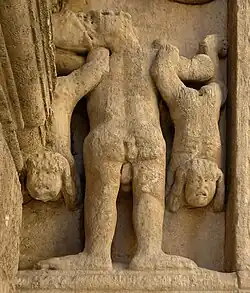 Homme nu, coiffé d'un bonnet phrygien, portant deux petits personnages appelés les Cercopes qui restés sourds à la parole divine (ils se bouchent les oreilles) vont en enfer.
