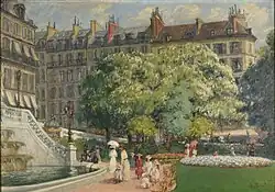 Le square devant l'église de la Trinité est entouré d'immeubles haussmanniens. Autour des jeux d'eau et des fontaines évoluent des femmes et des enfants.