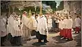 Une procession parcourt en cortège composé de personnages en habits sacerdotaux les rues d'une ville.