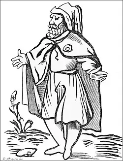 Le Juif errant portant rouelle, dessin du XIXe siècle.