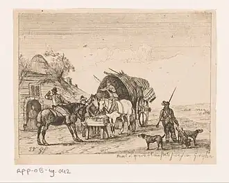 Chevaux à la mangeoire avec charrette, cavaliers et chasseur avec chiens.