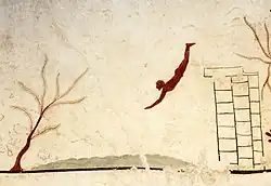 Fresque de la Tombe du Plongeur Paestum, 470 av Jésus-Christ: « Le personnage est l'image même de l'harmonie et de la perfection, le corp à peine cambré, les mains jointes visant droit comme un javelot » (Journal écrit la nuit page 51)