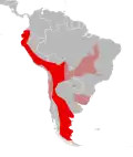 Aire de répartition du Chat des Pampas (Leopardus pajeros) dans le modèle à trois espèces.