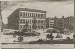 Gravure d'un bâtiment à trois étages de forme rectangulaire, donnant sur une place ornée d'une fontaine.