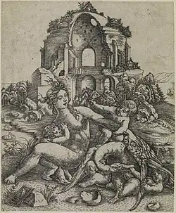 Léda et le cygne, avec leurs enfants, gravure.
