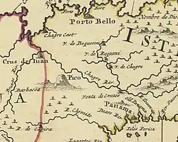 Carte de l'isthme de Panama de 1702 - Morgan et ses hommes sont partis du « Chagre cast » (situé en haut) longés la « Chagre Riv » et arrivés à « Old Panama » (en bas)