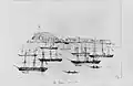 Panorama des bâtiments de la flotte devant l'île de Gorée, au Sénégal, le 14 mars 1858.