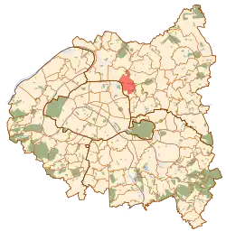 Carte de la petite couronne parisienne, avec le territoire de Pantin en rouge.