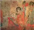 Femmes Khitan portant des vêtements de style Tang&nbsp;; Tombe Baoshan n°2 peinture murale datant de la dynastie Liao .