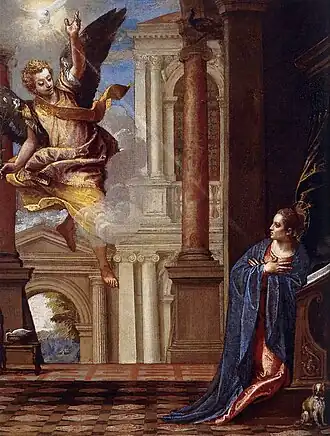 Peinture. L'ange descend du ciel à gauche avec la colombe, surplombant Marie à droite, dans un décor à l'antique.