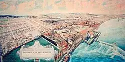 Dessin en couleurs d'une usine et d'une cité ouvrière en vue aérienne.