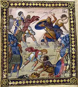 Lutte de David contre Goliath, miniature du Psautier de Paris, Xe siècle.