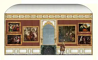Essai de restitution de la coupe de la paroi Sud du grand salon des marronniers, vers 1705. Avec les toiles placées par Monseigneur le dauphin.