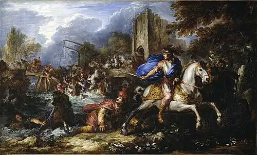 Bataille sur un pont-levis avec un cavalier fuyant sur le devant, château de Versailles.