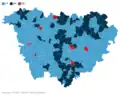 Parti en tête au premier tour dans chaque commune, en pourcentage des voix exprimées.