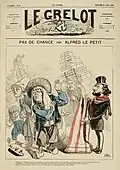 Caricature de presse montrant un homme barbu qui présente des étoffes à un groupe d'hommes et femmes détournant le regard.