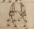 Coup de pied délivré dans le genou de l’agresseur, ici en « ringen », art de combat germanique – illustration baroque (Johann Georg Passchen, 1659)