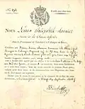 Passeport sur une feuille pliée en 4, au nom de Frédéric Alexandre Courvoisier afin qu'il puisse, accompagné de sa femme, voyager à l'intérieur de la Suisse pour ses affaires. La description de Courvoisier est donnée en ces termes: Monsieur Frédéric alexandre Courvoisier de la Chaux de fonds Bourgeois de Valangin, Négociant, âgé de 27 ans, taille de 5 pieds - 6 pouces, cheveux & sourcils chatains, front rond, yeux bruns roux, nez gros, bouche moyenne, menton rond, visage ovale.  En haut, au centre, se trouve l'écusson de la principauté de Neuchâtel. Le numéro du document, 193, et la durée de validité du document, 2 mois complètent ce document, imprimé et complété de manière manuscrite. Il a été signé le 26 septembre 1826 par le greffier de la Juridiction.