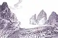 À gauche le Mont Paterno, au fond les Tre Cime vues du côté autrichien (guerre 1915-18).