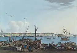 Vue du quai des Anglais à Saint-Péterbourg depuis l'île Vassilievski, gravure rehaussée d'aquarelle, 1799 (Saint-Péterbourg, musée de l'Ermitage)