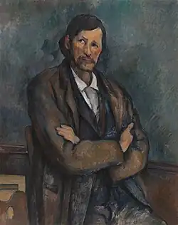 Photographie d'un tableau représentant une homme assis les bras croisés