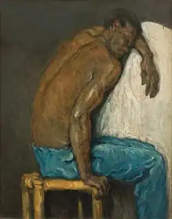 Tableau d’un homme noir, torse nu, au dos et aux muscles noueux, assis et endormi appuyé contre quelque chose de blanc