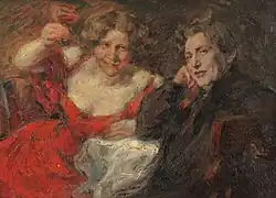 Peinture : une femme (levant son verre) et un homme regardent le spectateur