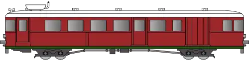 Autorail avec une caisse rouge foncé, des jupes vertes et un toit blanc.