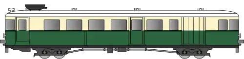 Autorail avec un bas de caisse vert foncé, un haut de caisse jaune clair et un toit blanc.