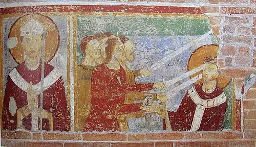 Assassinat de Thomas Becket. Fresque, première moitié du XIIIe&nbsp;siècle.